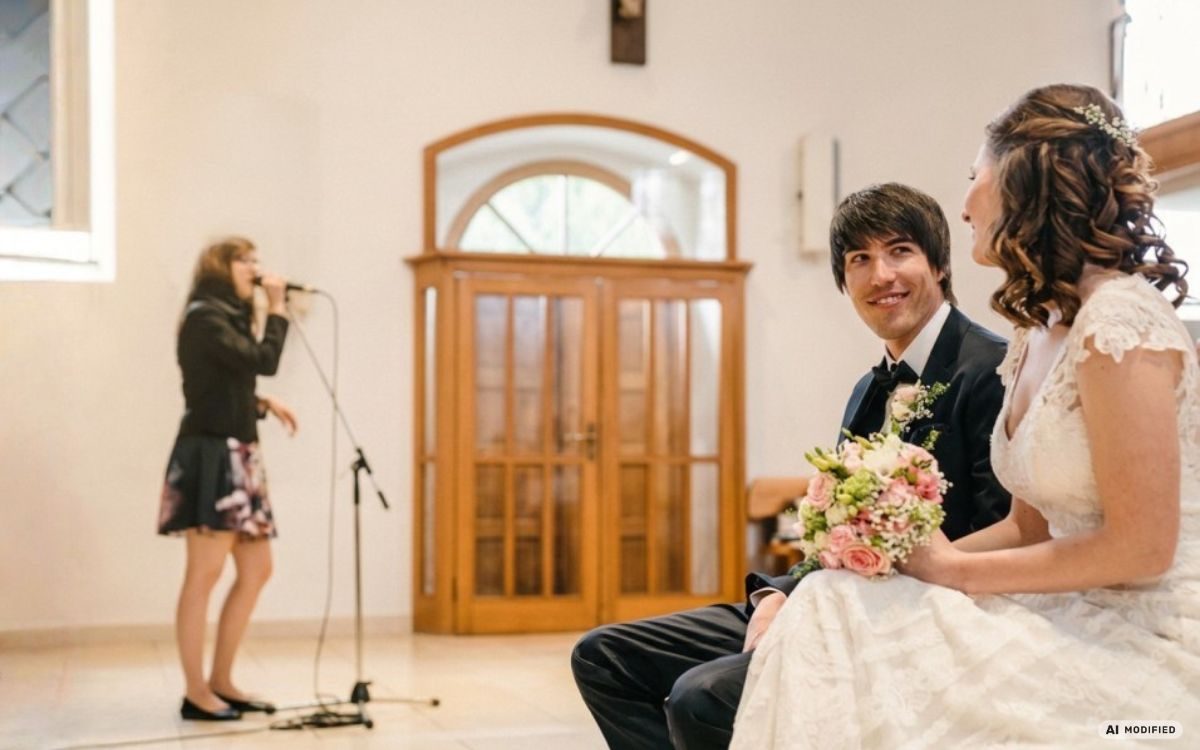 Ein Brautpaar sitzt in einer hellen Kirche und schaut sich an, im Hintergrund singt Luisa Loreen am Mikrofon. Unten rechts steht der Hinweis „AI modified“: Mit KI wurden Elemente und Personen im Hintergrund entfernt. Wie Luisa Loreen dort steht und wie das Brautpaar sitzt, ist unverändert.