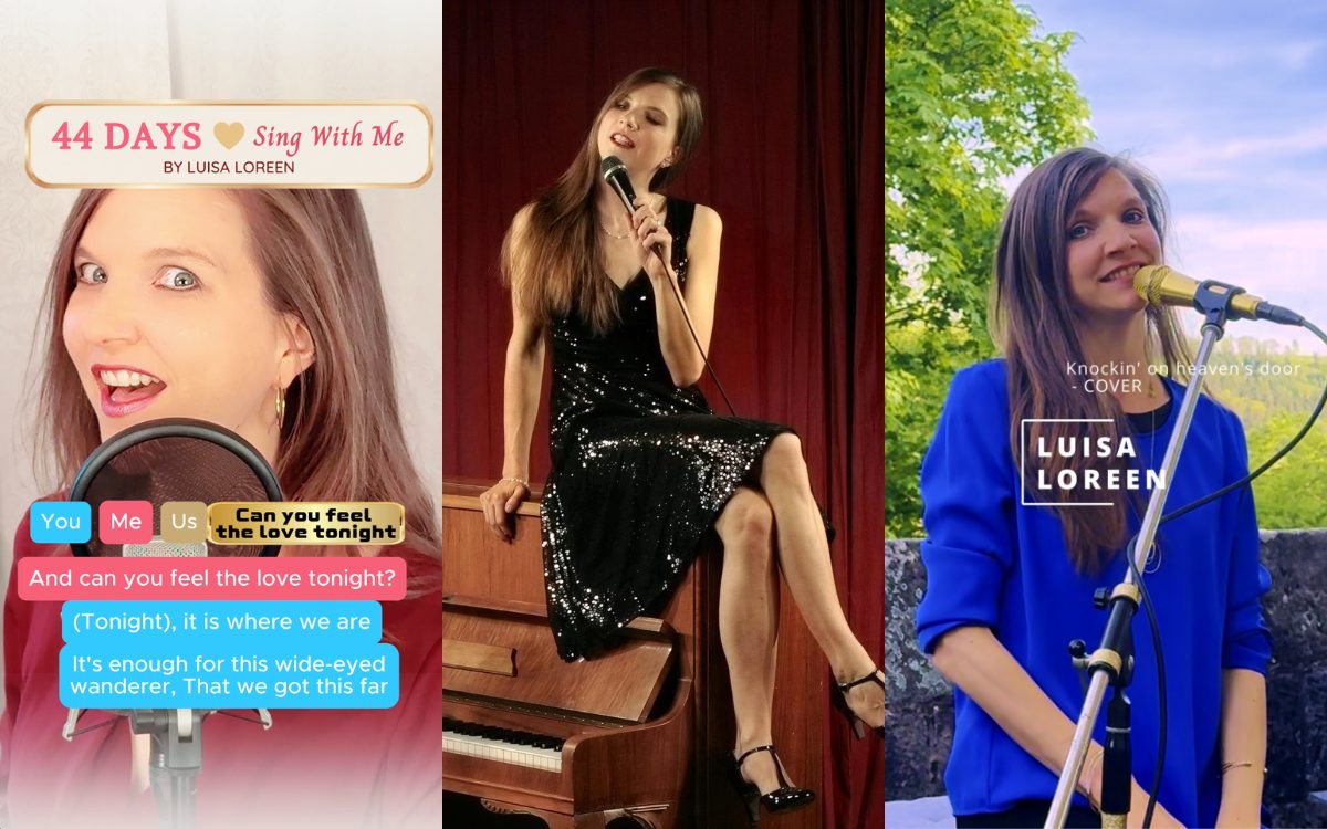 Drei Aufnahmen nebeneinander: links singt Luisa Loreen im roten Oberteil vor einem Studiomikrofon, darüber der Schriftzug „44 DAYS — Sing With Me“ und darunter der eingeblendete Liedtext von „Can you feel the love tonight“ zum Mitsingen; in der Mitte sitzt sie im schwarzen Paillettenkleid auf einem Klavier vor rotem Vorhang und singt ins Handmikrofon; rechts singt sie im blauen Blazer draußen an einem Standmikrofon vor Bäumen und Himmel, eingeblendet der Titel „Knockin’ on heaven’s door — Cover“ und ihr Namenszug.